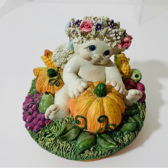 2001 Dreamsicles Pumpkin Fall Autumn Cherubs Angels Candle Jar Topper - Picture 3 of 10